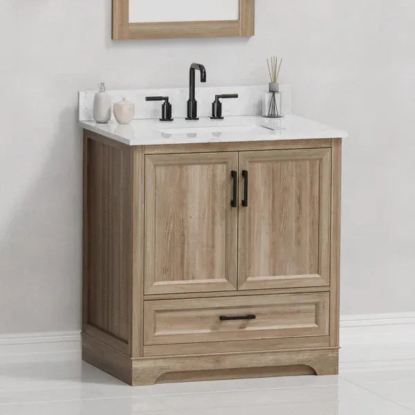 OasisTile Rivora 30" Light Wood Double Sink Bathroom Vanity with Carrara White Engineered Stone Top Horizon Tile