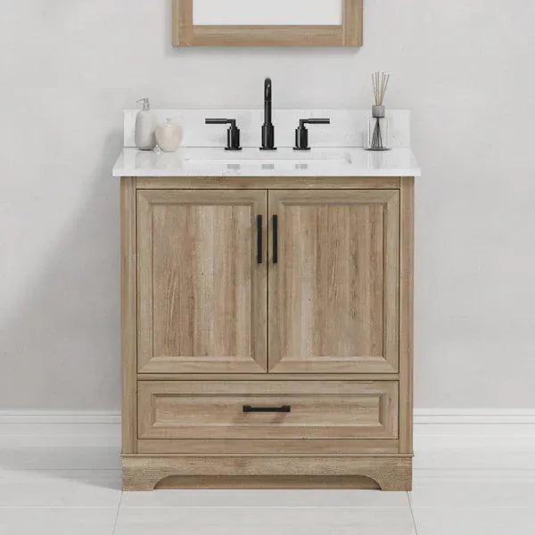 OasisTile Rivora 30" Light Wood Double Sink Bathroom Vanity with Carrara White Engineered Stone Top Horizon Tile