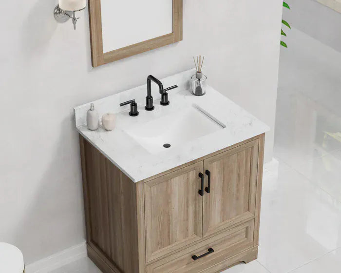 OasisTile Rivora 30" Light Wood Double Sink Bathroom Vanity with Carrara White Engineered Stone Top Horizon Tile