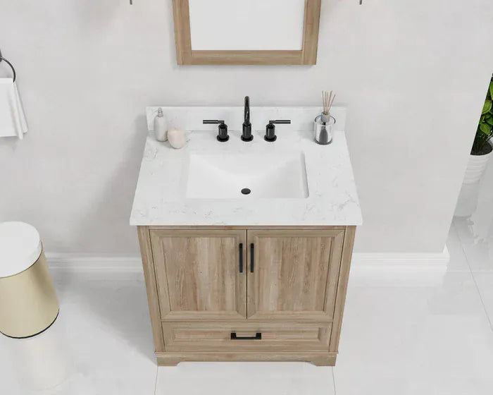 OasisTile Rivora 30" Light Wood Double Sink Bathroom Vanity with Carrara White Engineered Stone Top Horizon Tile