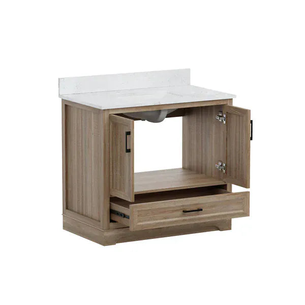 OasisTile Rivora 36" Light Wood Double Sink Bathroom Vanity with Carrara White Engineered Stone Top Horizon Tile