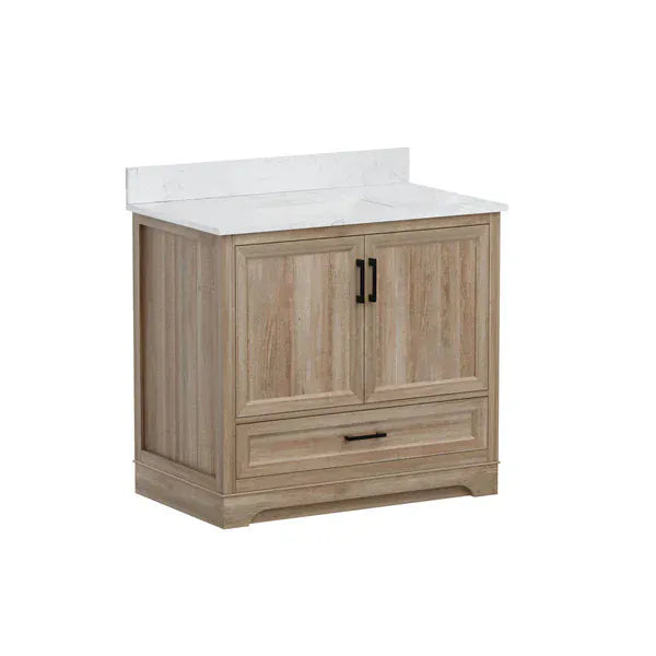 OasisTile Rivora 36" Light Wood Double Sink Bathroom Vanity with Carrara White Engineered Stone Top Horizon Tile