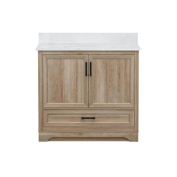 OasisTile Rivora 36" Light Wood Double Sink Bathroom Vanity with Carrara White Engineered Stone Top Horizon Tile