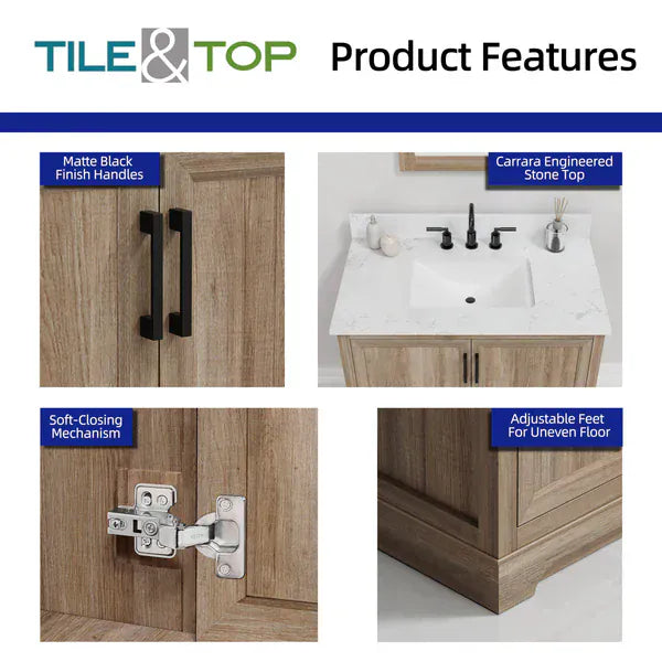 OasisTile Rivora 36" Light Wood Double Sink Bathroom Vanity with Carrara White Engineered Stone Top Horizon Tile