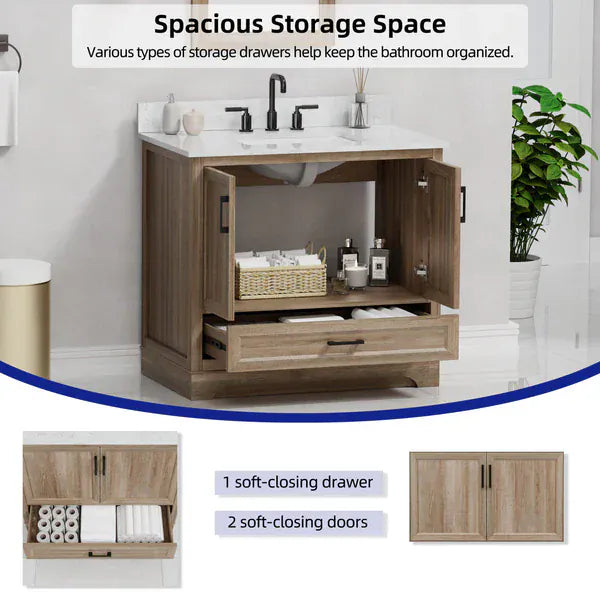 OasisTile Rivora 36" Light Wood Double Sink Bathroom Vanity with Carrara White Engineered Stone Top Horizon Tile