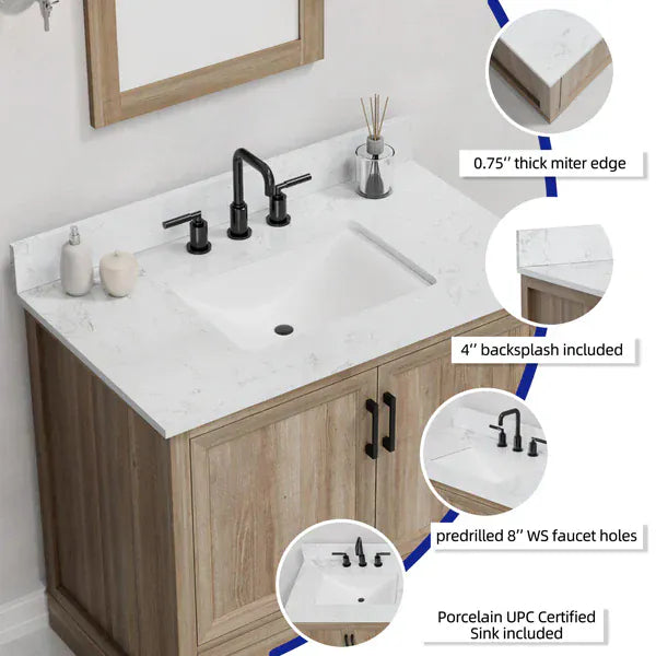 OasisTile Rivora 36" Light Wood Double Sink Bathroom Vanity with Carrara White Engineered Stone Top Horizon Tile