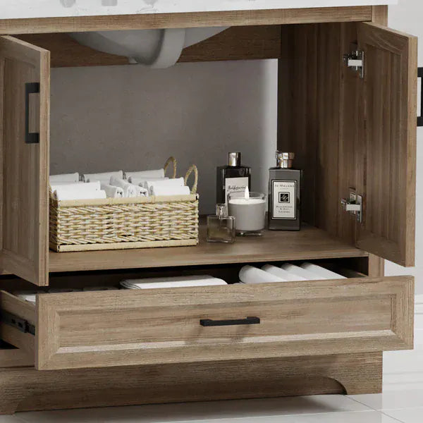 OasisTile Rivora 36" Light Wood Double Sink Bathroom Vanity with Carrara White Engineered Stone Top Horizon Tile