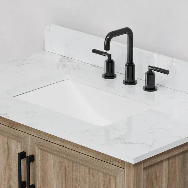 OasisTile Rivora 36" Light Wood Double Sink Bathroom Vanity with Carrara White Engineered Stone Top Horizon Tile