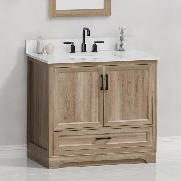OasisTile Rivora 36" Light Wood Double Sink Bathroom Vanity with Carrara White Engineered Stone Top Horizon Tile