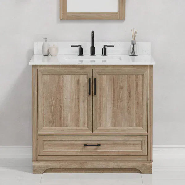 OasisTile Rivora 36" Light Wood Double Sink Bathroom Vanity with Carrara White Engineered Stone Top Horizon Tile