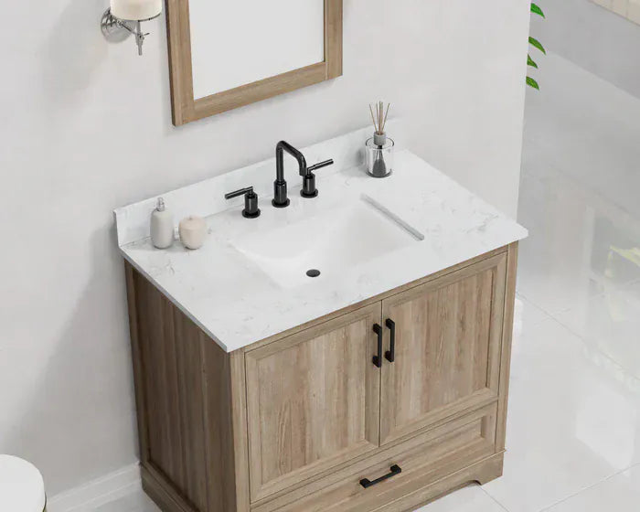 OasisTile Rivora 36" Light Wood Double Sink Bathroom Vanity with Carrara White Engineered Stone Top Horizon Tile