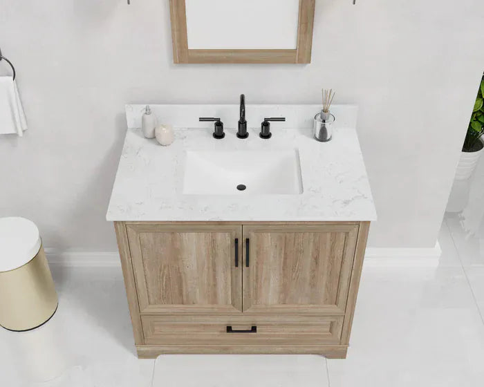 OasisTile Rivora 36" Light Wood Double Sink Bathroom Vanity with Carrara White Engineered Stone Top Horizon Tile