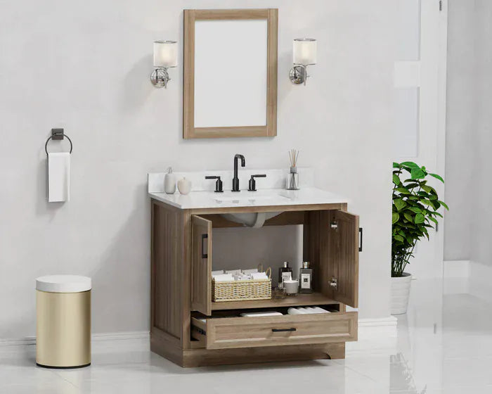 OasisTile Rivora 36" Light Wood Double Sink Bathroom Vanity with Carrara White Engineered Stone Top Horizon Tile