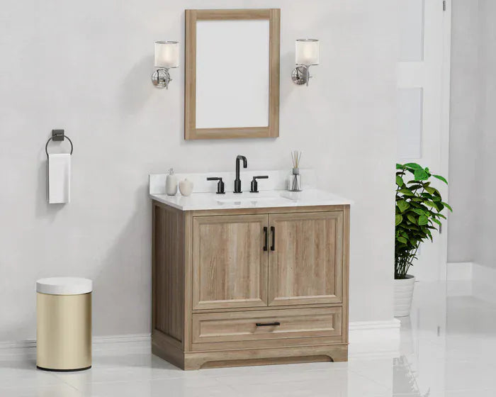 OasisTile Rivora 36" Light Wood Double Sink Bathroom Vanity with Carrara White Engineered Stone Top Horizon Tile