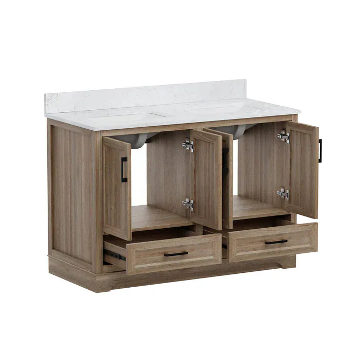 OasisTile Rivora 48" Light Wood Double Sink Bathroom Vanity with Carrara White Engineered Stone Top Horizon Tile