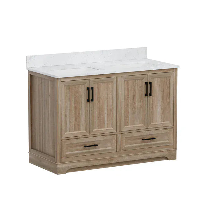 OasisTile Rivora 48" Light Wood Double Sink Bathroom Vanity with Carrara White Engineered Stone Top Horizon Tile