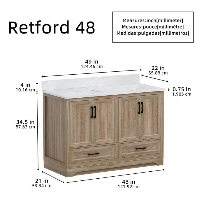 OasisTile Rivora 48" Light Wood Double Sink Bathroom Vanity with Carrara White Engineered Stone Top Horizon Tile