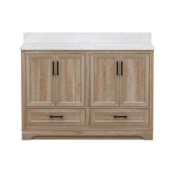 OasisTile Rivora 48" Light Wood Double Sink Bathroom Vanity with Carrara White Engineered Stone Top Horizon Tile