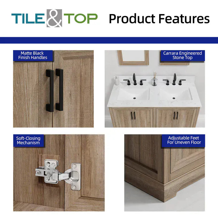 OasisTile Rivora 48" Light Wood Double Sink Bathroom Vanity with Carrara White Engineered Stone Top Horizon Tile