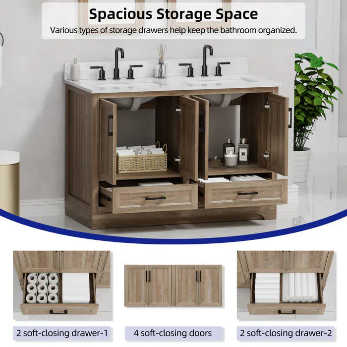 OasisTile Rivora 48" Light Wood Double Sink Bathroom Vanity with Carrara White Engineered Stone Top Horizon Tile