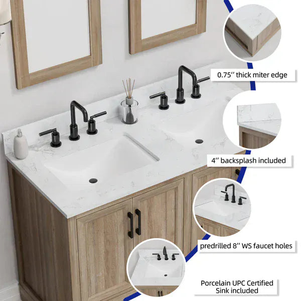 OasisTile Rivora 48" Light Wood Double Sink Bathroom Vanity with Carrara White Engineered Stone Top Horizon Tile