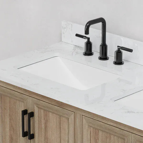 OasisTile Rivora 48" Light Wood Double Sink Bathroom Vanity with Carrara White Engineered Stone Top Horizon Tile