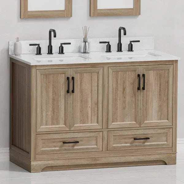 OasisTile Rivora 48" Light Wood Double Sink Bathroom Vanity with Carrara White Engineered Stone Top Horizon Tile