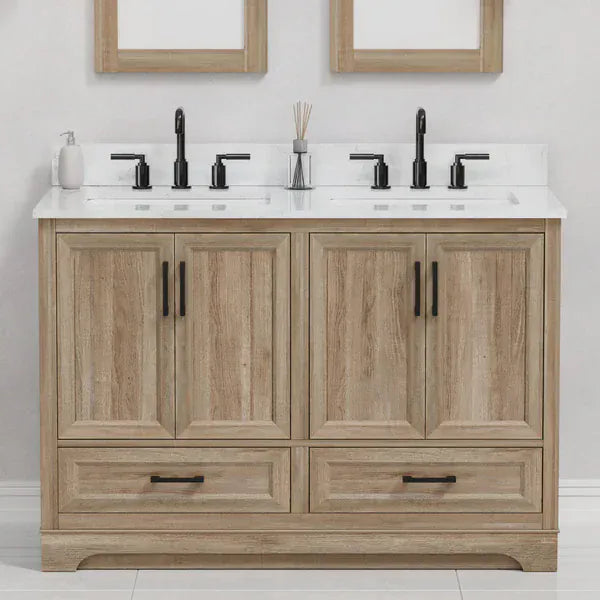 OasisTile Rivora 48" Light Wood Double Sink Bathroom Vanity with Carrara White Engineered Stone Top Horizon Tile