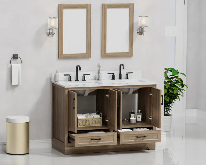 OasisTile Rivora 48" Light Wood Double Sink Bathroom Vanity with Carrara White Engineered Stone Top Horizon Tile