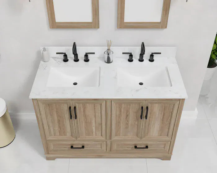 OasisTile Rivora 48" Light Wood Double Sink Bathroom Vanity with Carrara White Engineered Stone Top Horizon Tile