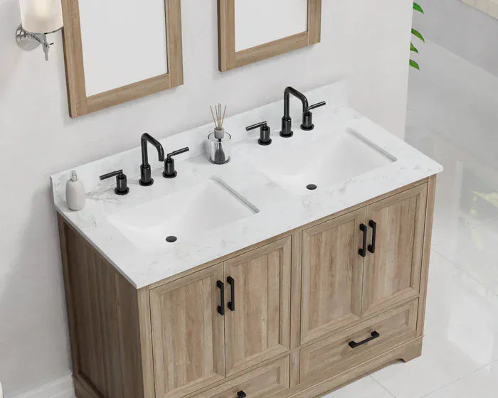 OasisTile Rivora 48" Light Wood Double Sink Bathroom Vanity with Carrara White Engineered Stone Top Horizon Tile