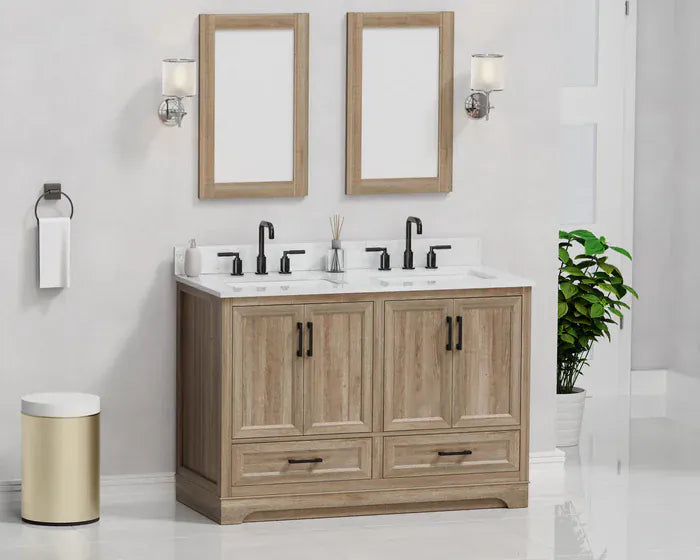 OasisTile Rivora 48" Light Wood Double Sink Bathroom Vanity with Carrara White Engineered Stone Top Horizon Tile