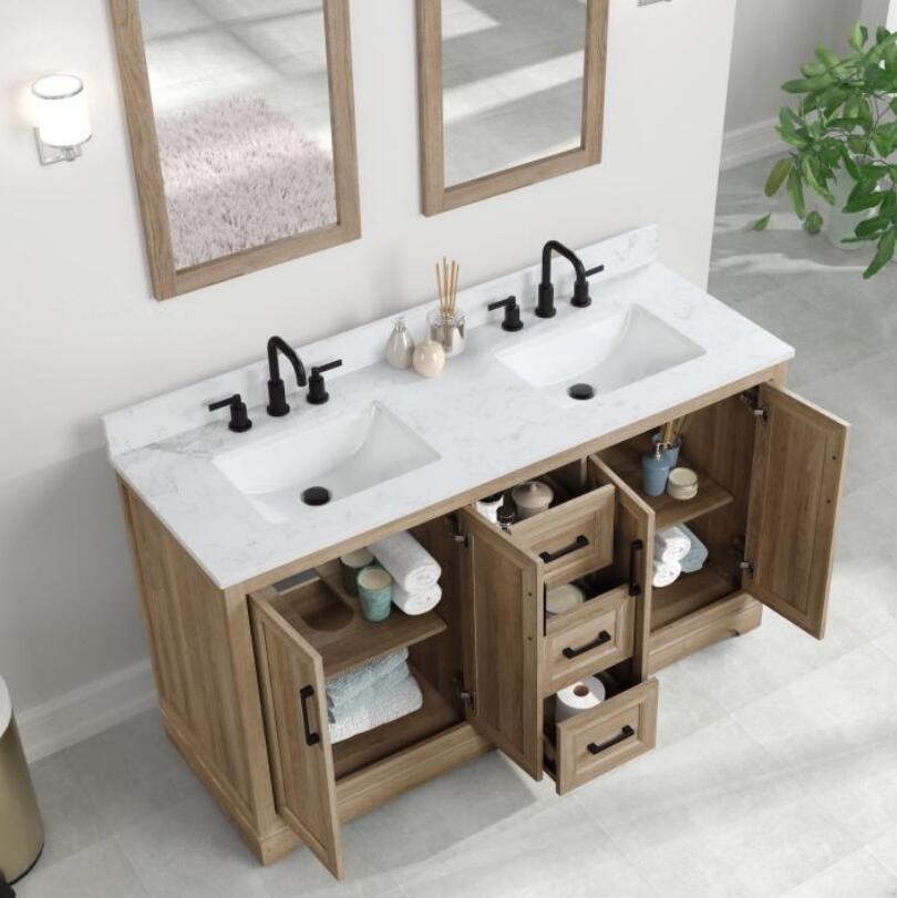 Retford 60" Light Wood Double Sink Bathroom Vanity with Carrara White Engineered Stone Top Horizon Tile