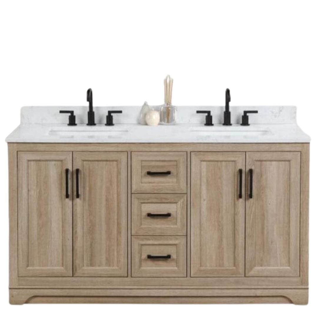 OasisTile Rivora 60" Light Wood Double Sink Bathroom Vanity with Carrara White Engineered Stone Top Horizon Tile