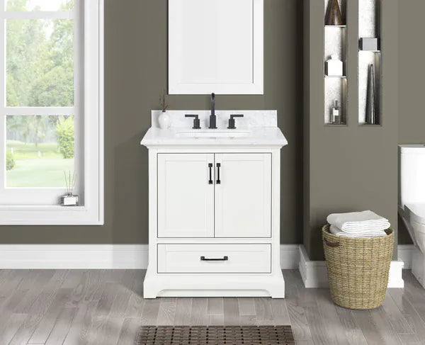 OasisTile VeraLuxe 30" White Vanity Set with Authentic Italian Carrara Marble Top Horizon Tile