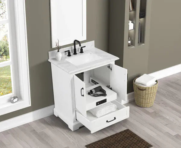 OasisTile VeraLuxe 30" White Vanity Set with Authentic Italian Carrara Marble Top Horizon Tile