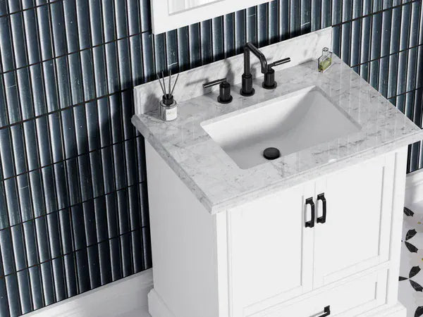 OasisTile VeraLuxe 30" White Vanity Set with Authentic Italian Carrara Marble Top Horizon Tile