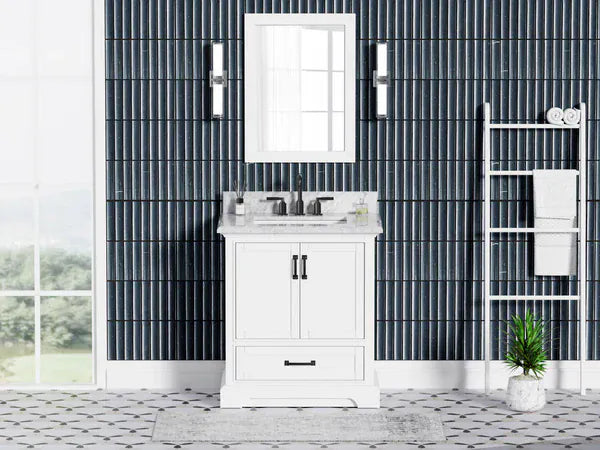 OasisTile VeraLuxe 30" White Vanity Set with Authentic Italian Carrara Marble Top Horizon Tile