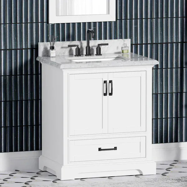 OasisTile VeraLuxe 30" White Vanity Set with Authentic Italian Carrara Marble Top Horizon Tile