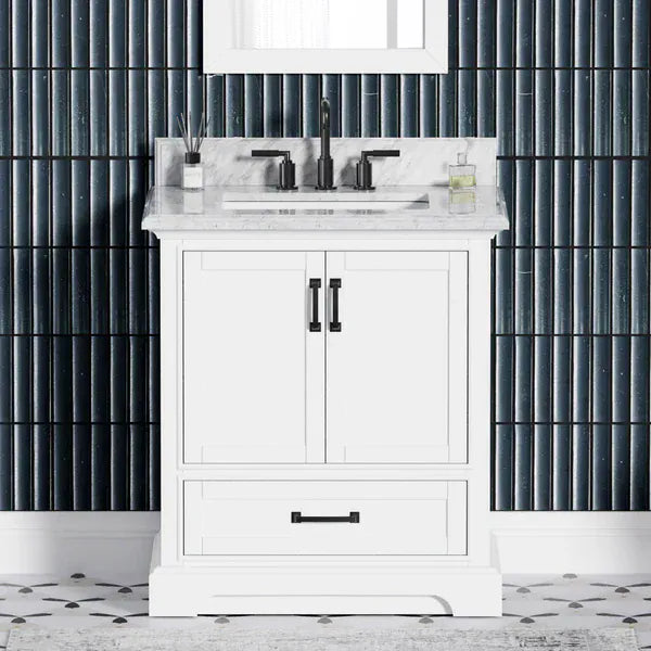 OasisTile VeraLuxe 30" White Vanity Set with Authentic Italian Carrara Marble Top Horizon Tile