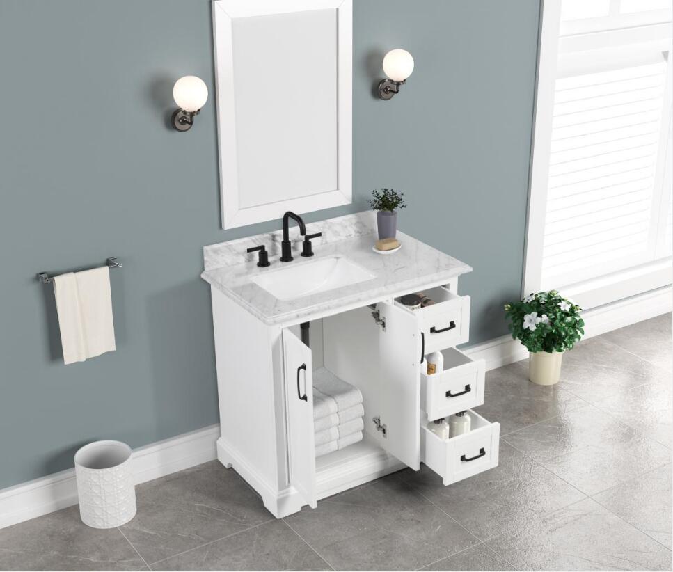 Rhoda 36" White Vanity Set with Authentic Italian Carrara Marble Top Horizon Tile