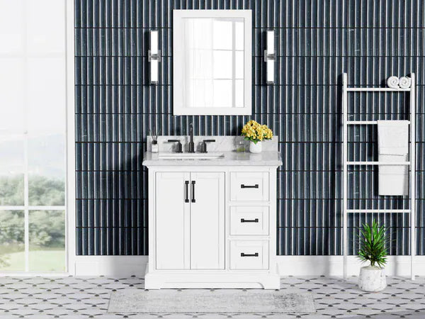 OasisTile VeraLuxe 36" White Vanity Set with Authentic Italian Carrara Marble Top Horizon Tile