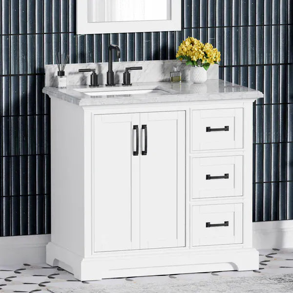OasisTile VeraLuxe 36" White Vanity Set with Authentic Italian Carrara Marble Top Horizon Tile