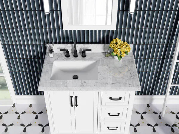 OasisTile VeraLuxe 36" White Vanity Set with Authentic Italian Carrara Marble Top Horizon Tile