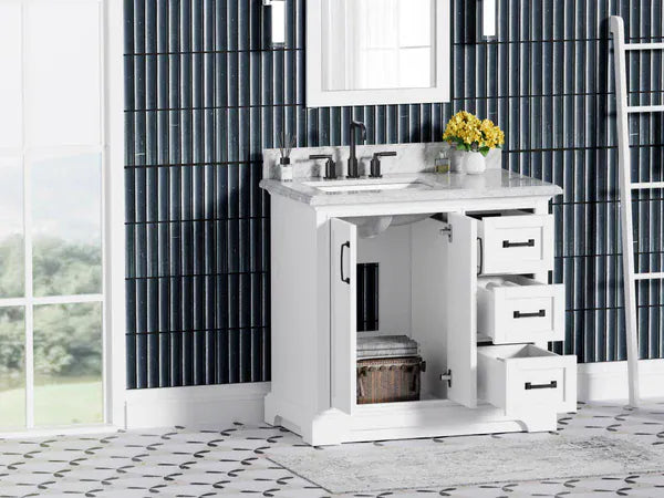 OasisTile VeraLuxe 36" White Vanity Set with Authentic Italian Carrara Marble Top Horizon Tile