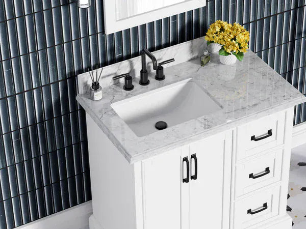 OasisTile VeraLuxe 36" White Vanity Set with Authentic Italian Carrara Marble Top Horizon Tile