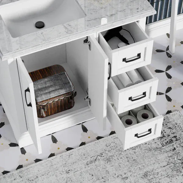 OasisTile VeraLuxe 36" White Vanity Set with Authentic Italian Carrara Marble Top Horizon Tile