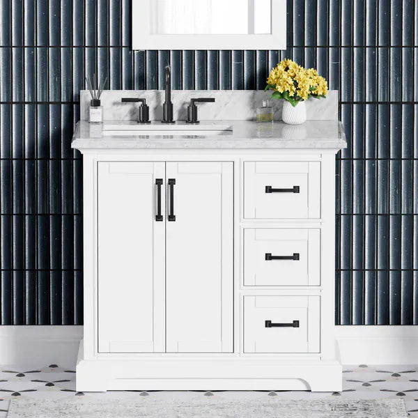 OasisTile VeraLuxe 36" White Vanity Set with Authentic Italian Carrara Marble Top Horizon Tile