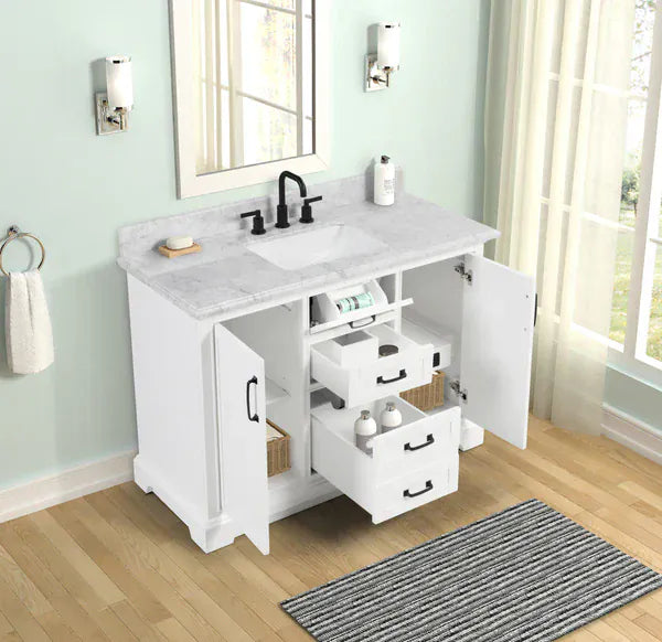 OasisTile VeraLuxe 48" White Vanity Set with Authentic Italian Carrara Marble Top Horizon Tile