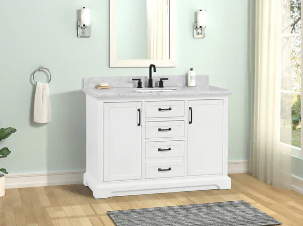 OasisTile VeraLuxe 48" White Vanity Set with Authentic Italian Carrara Marble Top Horizon Tile